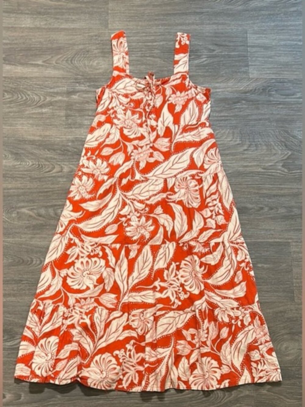 Who What Wear Linen Lace Up Midi Tank Dress Orange White Floral Tropical Small